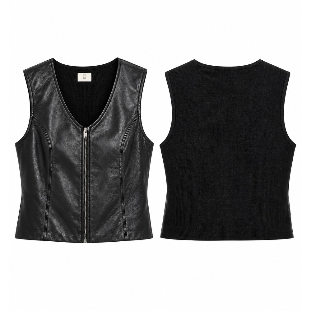 Women's Black Genuine Leather Zip Front Vest XL Wool Knit Back NWT